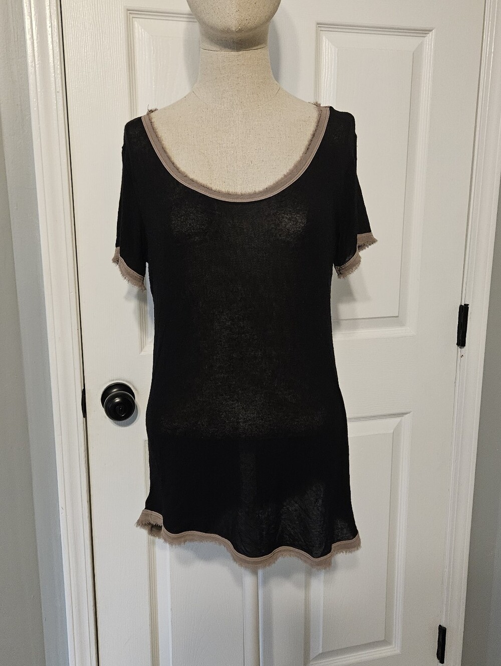 h.i.p. Black Short Sleeve Scoop Neck Tunic with Taupe Trim